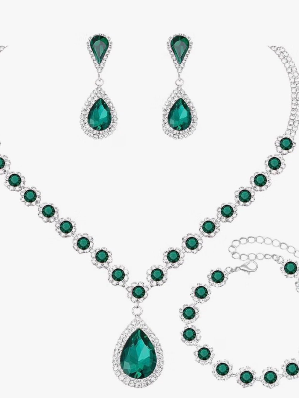 Emerald Teardrop Crystal Necklace & Earring Set - Green